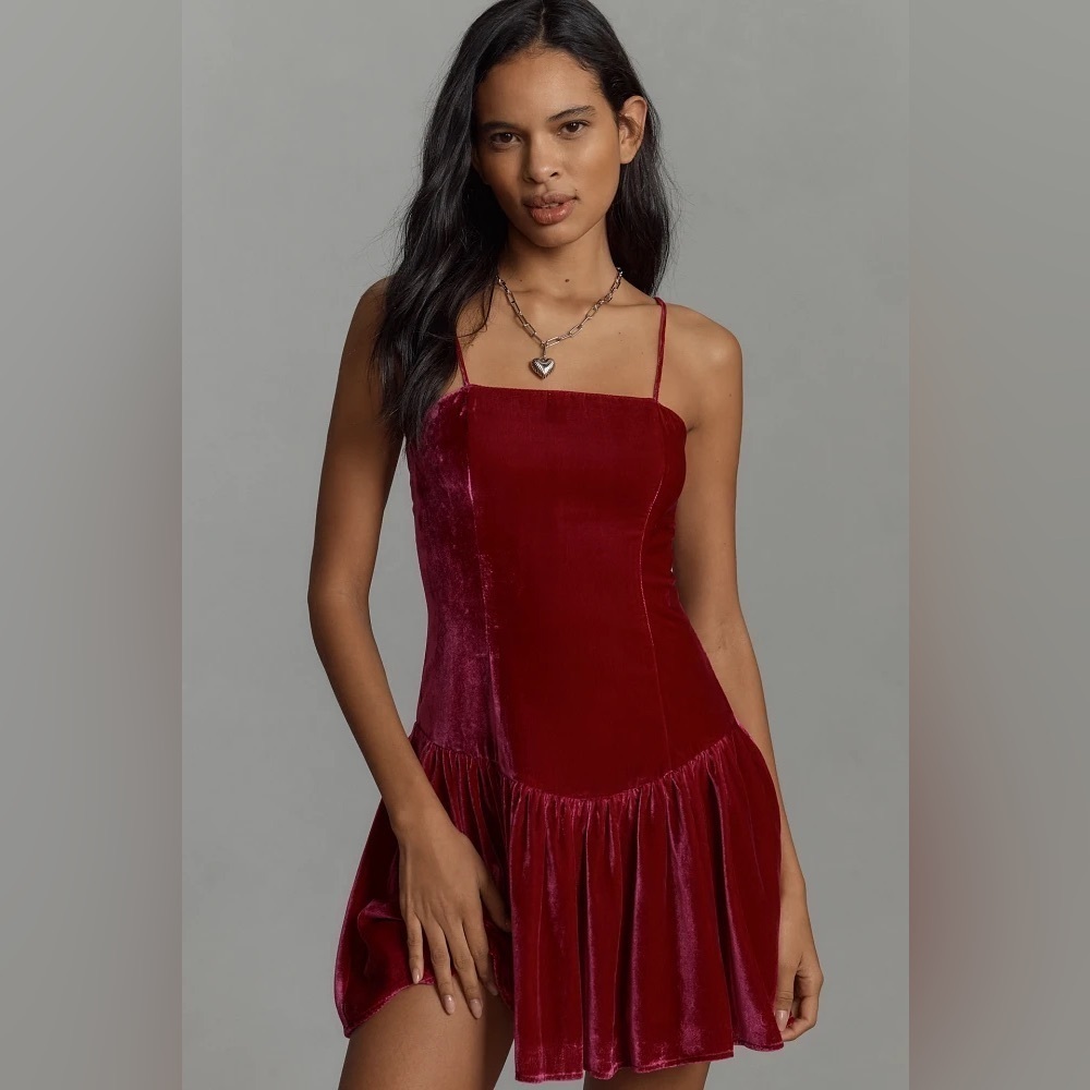 NWT! Anthropologie Pink Maeve Drop-Waist Velvet Mini Dress - Size Medium 🟢 - Picture 3 of 11